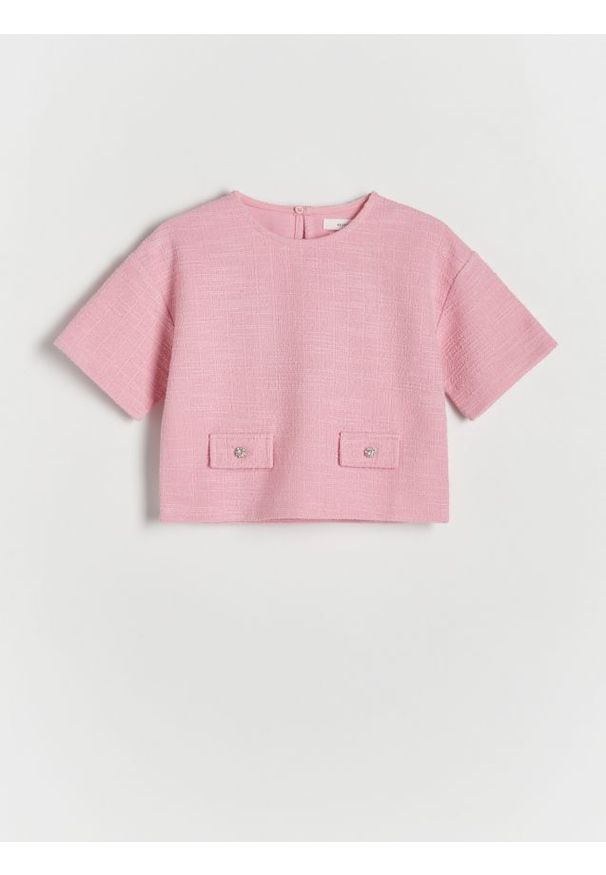 Reserved - Tweedowa bluzka - różowy. Kolor: różowy. Materiał: dzianina