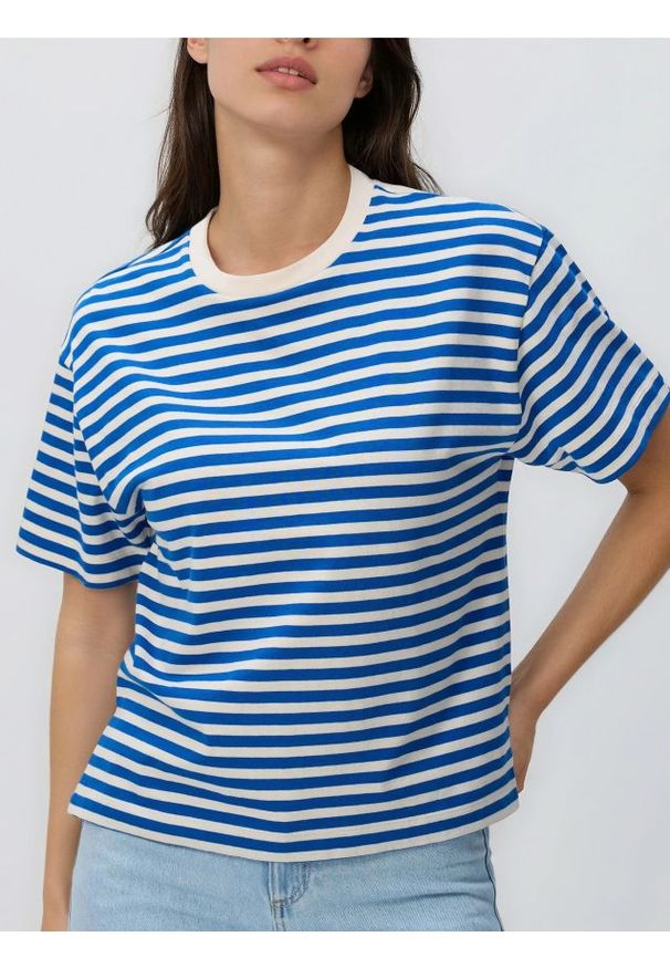 Reserved - Bawełniany t-shirt w paski - kremowy. Kolor: kremowy. Materiał: bawełna. Wzór: paski