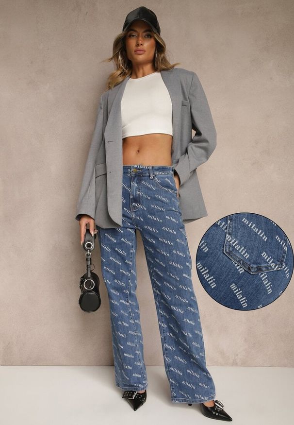 Renee - Niebieskie Jeansy Straight Leg High Waist Zdobione Printem Vilesse. Okazja: na co dzień, na spacer. Stan: podwyższony. Kolor: niebieski. Wzór: aplikacja, nadruk. Styl: klasyczny, casual