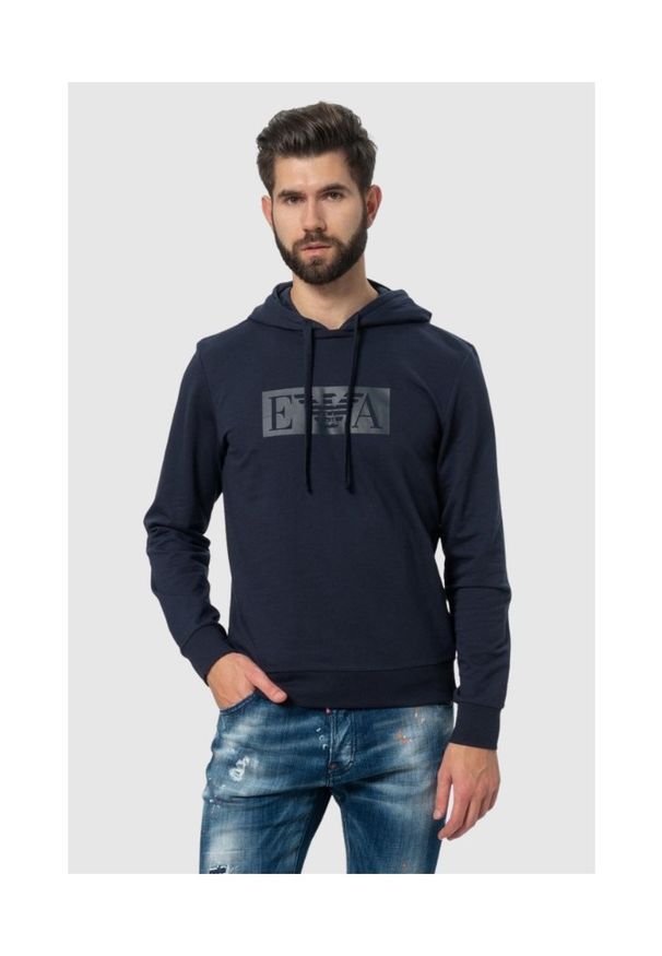 Emporio Armani - EMPORIO ARMANI Granatowa męska bluza z kapturem i logo, Rozmiar S. Typ kołnierza: kaptur. Kolor: niebieski