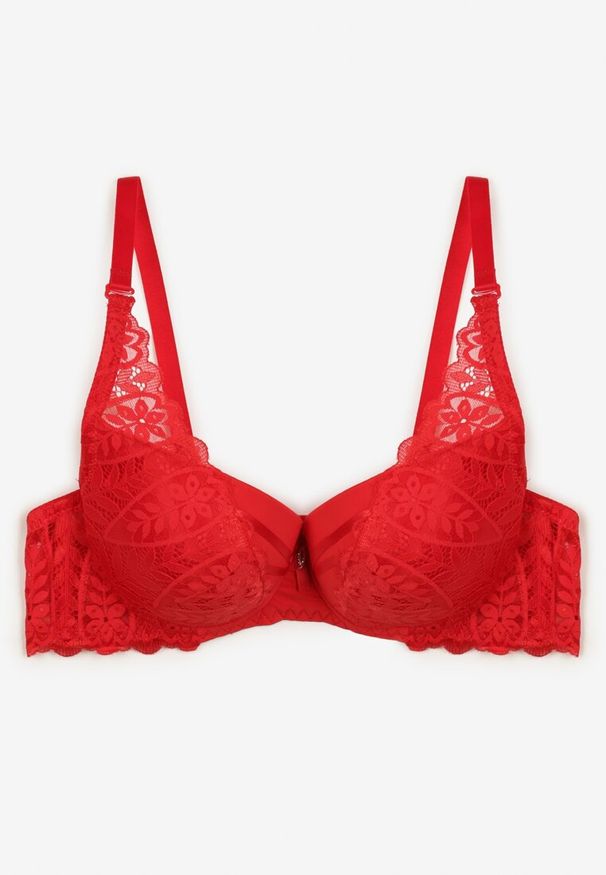 Renee - Czerwony Biustonosz z Efektem Push Up Ozdobiony Koronką Ivmeria. Kolor: czerwony. Materiał: koronka. Rodzaj stanika: push-up. Wzór: aplikacja, koronka