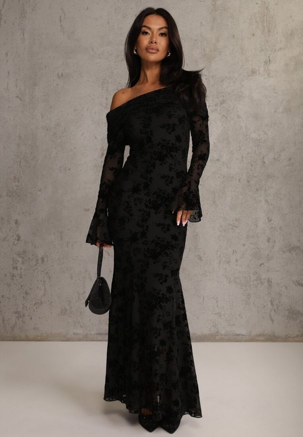 Renee - Czarna Wizytowa Sukienka VICES Off Shoulder z Kwiatowym Wzorem z Weluru Adrakharei. Okazja: na imprezę. Kolor: czarny. Materiał: welur. Wzór: kwiaty. Styl: wizytowy