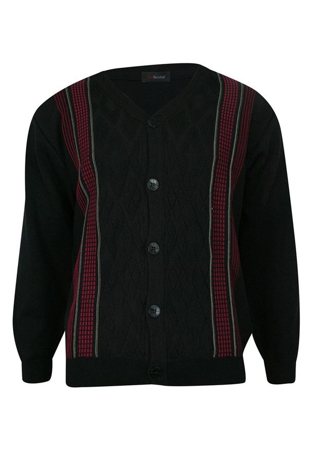 Max Sheldon - Kardigan, Czarno-Czerwony, Sweter Zapinany na Guziki, Elegancki -MAX SHELDON- Męski. Okazja: na co dzień. Kolor: czerwony. Materiał: akryl, bawełna. Styl: elegancki