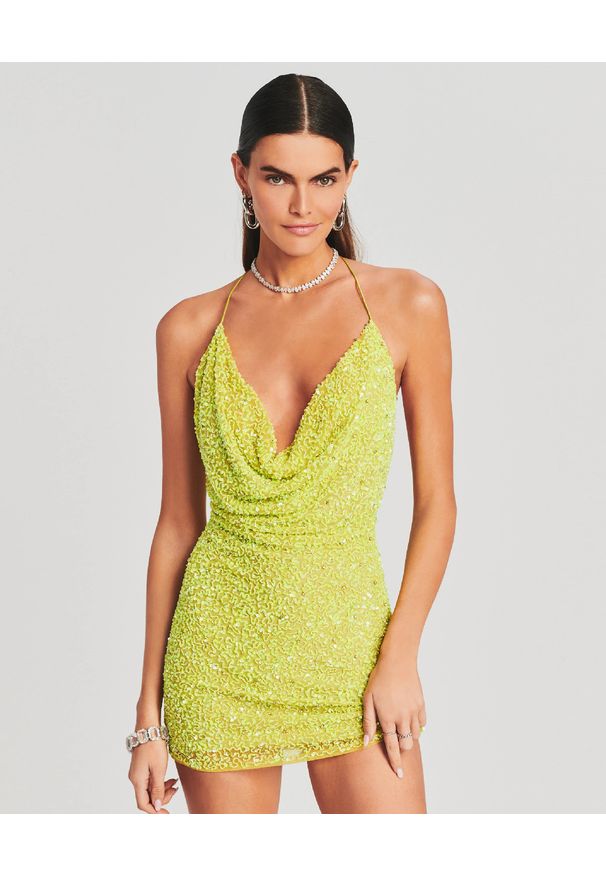 RETROFETE - Limonkowa sukienka mini Mich. Kolor: zielony. Długość rękawa: na ramiączkach. Styl: wizytowy. Długość: mini