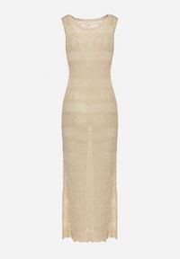 Born2be - Beżowa Dopasowana Sukienka z Ażurowego Materiału Wykończona Metaliczną Nitką Trinesa. Okazja: na wesele, na co dzień, na ślub cywilny, na imprezę. Kolor: beżowy. Materiał: materiał. Wzór: ażurowy. Typ sukienki: proste. Styl: casual, elegancki #5