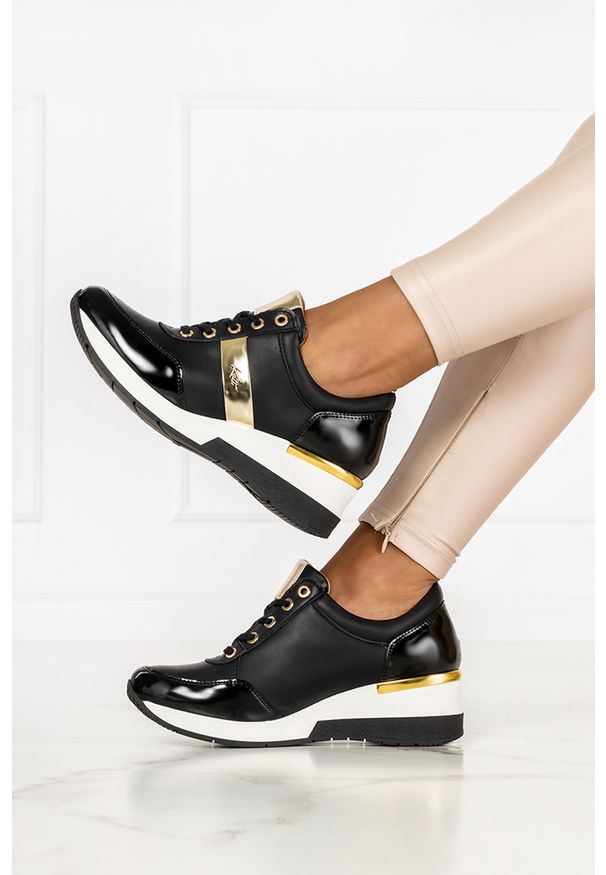 Kati - Czarne sneakersy kati buty sportowe sznurowane polska skóra 7122. Kolor: czarny. Materiał: skóra