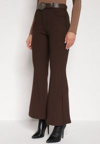 Born2be - Brązowe Spodnie Dzwony z Bawełny i Wiskozy z Kowbojskim Paskiem Tushella. Kolor: brązowy. Materiał: bawełna, wiskoza. Styl: klasyczny, elegancki #1