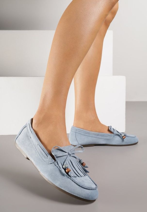 Born2be - Niebieskie Mokasyny Ozdobione Frędzlami Kokardą i Koralikami Woodswift. Okazja: na co dzień. Kolor: niebieski. Materiał: jeans. Wzór: aplikacja. Styl: klasyczny, casual, elegancki