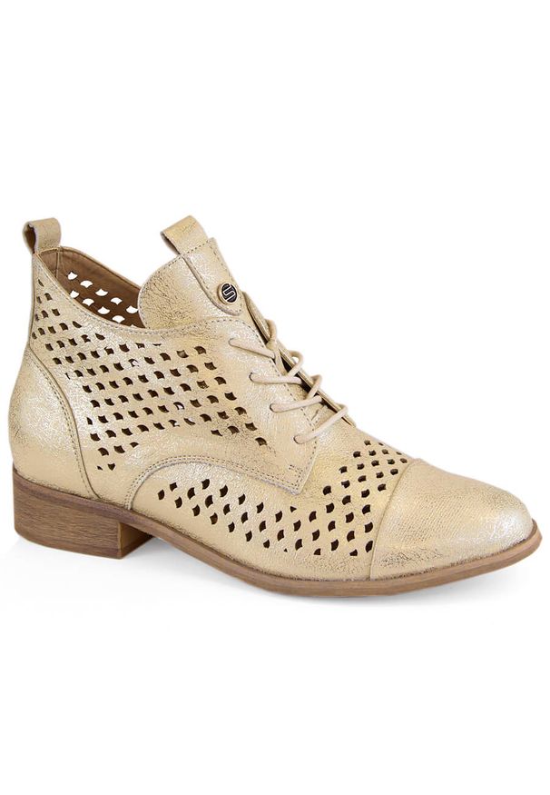 POTOCKI - Botki damskie ażurowe złote Potocki SZ12091. Kolor: złoty. Materiał: skóra ekologiczna. Szerokość cholewki: normalna. Wzór: ażurowy