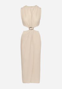 Born2be - Beżowa Sukienka Rozkloszowana z Wycięciami w Talii z Metaliczną Ozdobą Galetia. Kolor: beżowy. Wzór: aplikacja. Styl: klasyczny, elegancki #3