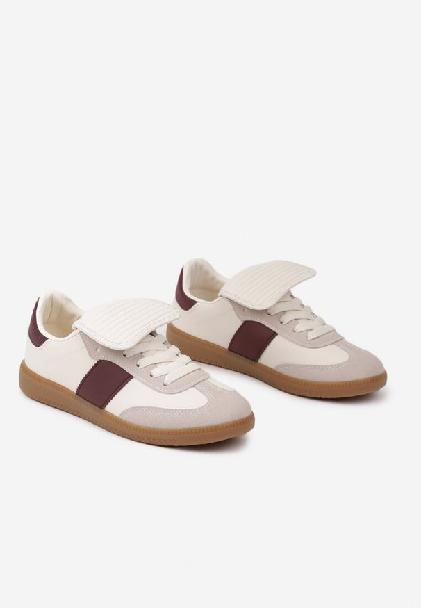 Born2be - Beżowo-Bordowe Sneakersy na Płaskiej Podeszwie z Wywiniętym Językiem Felilora. Okazja: na co dzień. Kolor: beżowy. Materiał: jeans. Obcas: na płaskiej podeszwie