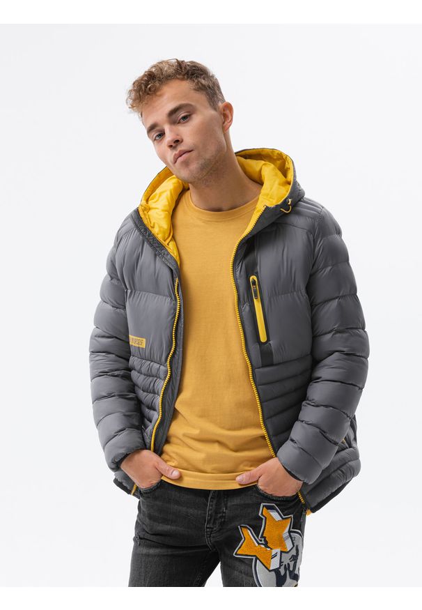 Ombre Clothing - Kurtka męska przejściowa C372 - szara - XXL. Kolor: szary. Materiał: poliester, puch. Sezon: zima, jesień