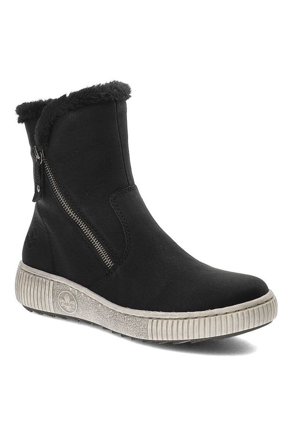 Czarne Botki Rieker Ocieplane Buty Damskie. Okazja: na co dzień, na spacer. Kolor: czarny. Materiał: syntetyk, materiał. Sezon: zima, jesień. Styl: klasyczny, casual, elegancki