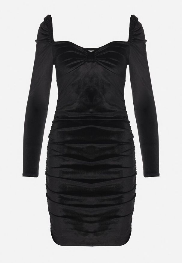 Born2be - Czarna Dopasowana Welurowa Sukienka Ozdobiona Marszczeniem Sopaliae. Kolor: czarny. Materiał: welur. Długość rękawa: długi rękaw. Wzór: aplikacja. Styl: klasyczny