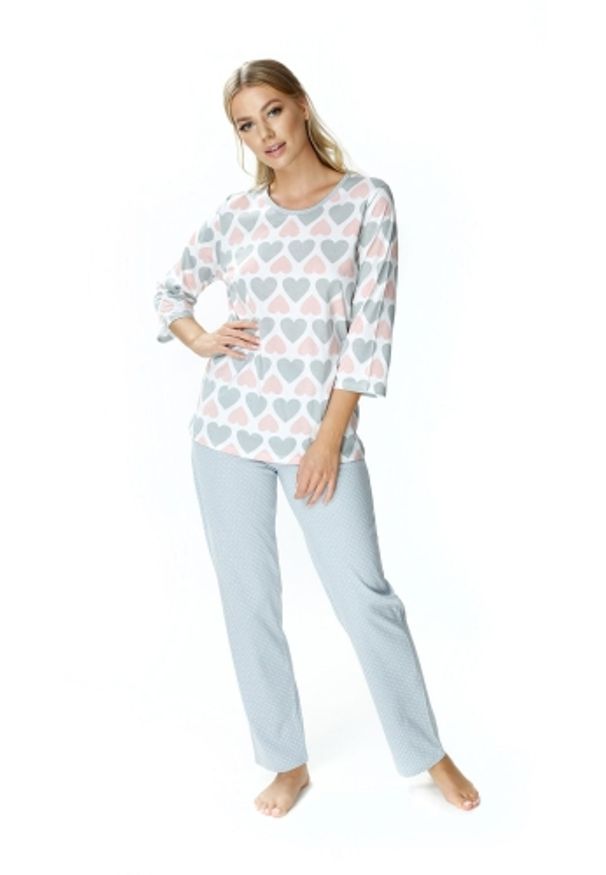 MEWA Lingerie - Bawełniana piżama damska Kelly dwuczęściowa szara. Kolor: szary. Materiał: bawełna. Długość: długie. Wzór: nadruk