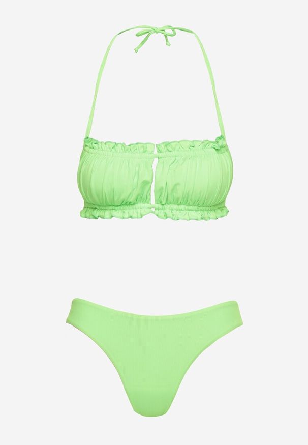 Born2be - Jasnozielone Bikini Wiązany Biustonosz z Marszczeniem Majtki Typu Figi Folilisse. Kolor: zielony. Wzór: aplikacja