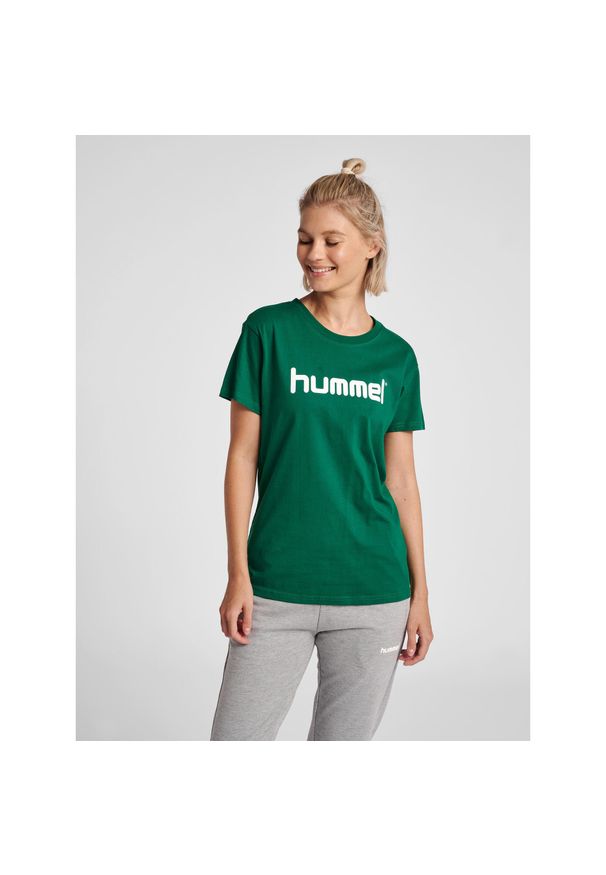Koszulka sportowa z krótkim rękawem damska Hummel Cotton Logo. Kolor: zielony, biały, wielokolorowy. Długość rękawa: krótki rękaw. Długość: krótkie