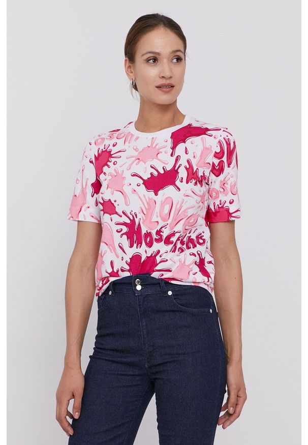 Love Moschino T-shirt damski kolor różowy. Okazja: na co dzień. Kolor: różowy. Materiał: dzianina. Styl: casual