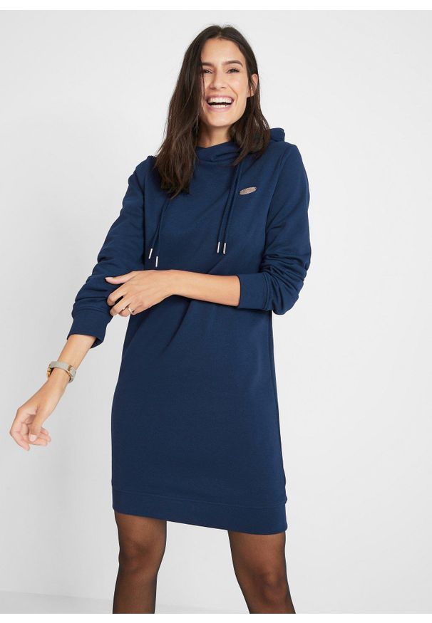 bonprix - Sukienka dresowa z kapturem. Typ kołnierza: kaptur. Kolor: niebieski. Materiał: dresówka. Styl: elegancki