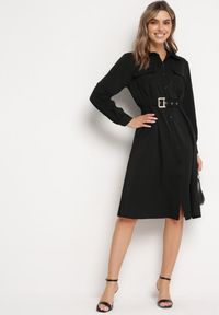 Born2be - Czarna Sukienka Koszulowa z Paskiem z Klamrą Unebia. Kolor: czarny. Typ sukienki: koszulowe #4