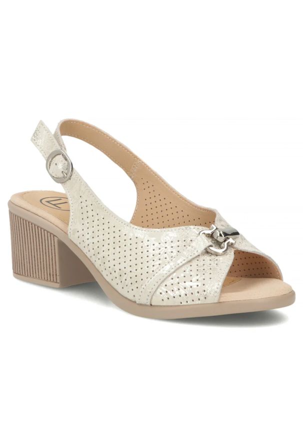 Skórzane sandały damskie na klocku złote Filippo DS7645. Kolor: złoty. Materiał: skóra. Sezon: lato. Obcas: na obcasie. Wysokość obcasa: średni