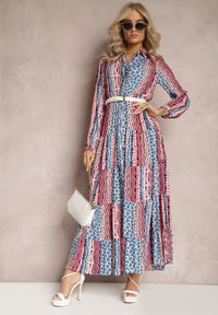 Renee - Niebiesko-Różowa Sukienka Maxi o Koszulowym Fasonie Vender. Kolor: niebieski. Materiał: tkanina, wiskoza. Długość rękawa: długi rękaw. Wzór: aplikacja, nadruk. Typ sukienki: koszulowe. Długość: maxi #3