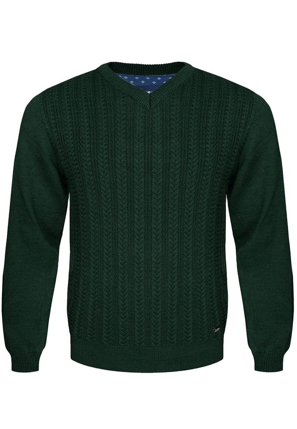 M. Lasota - polski producent - Zielony sweter męski w serek z wełny merino SL01 Fabiano. Typ kołnierza: dekolt w serek. Kolor: zielony. Materiał: wełna. Wzór: ze splotem, gładki. Styl: sportowy