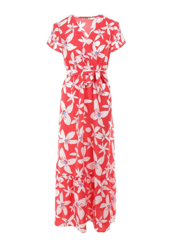 Born2be - Czerwona Sukienka Marrie. Kolor: czerwony. Materiał: materiał. Długość rękawa: krótki rękaw. Wzór: kwiaty. Sezon: lato. Typ sukienki: kopertowe. Długość: maxi