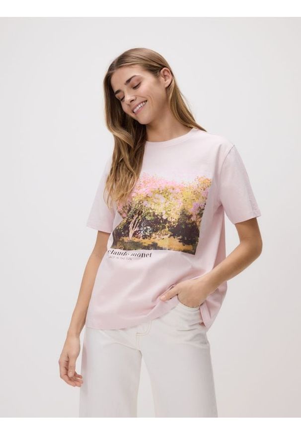 Reserved - T-shirt z nadrukiem - pastelowy róż. Kolor: różowy. Materiał: bawełna. Wzór: nadruk