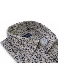 Mmer / Villaro - Koszule męskie - Granatowo-beżowa koszula męska w liście H156. Kolor: wielokolorowy, beżowy, niebieski. Materiał: bawełna, elastan, tkanina. Długość: długie #1