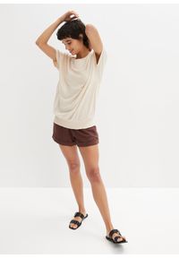 bonprix - Bawełniana koszulka z przędzy mieszankowej z marszczeniem w talii. Kolor: beżowy. Materiał: bawełna #3
