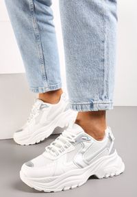 Renee - Białe Sneakersy z Przeszyciami i Wstawkami z Metalicznej Ekoskóry Tineal. Kolor: biały #4
