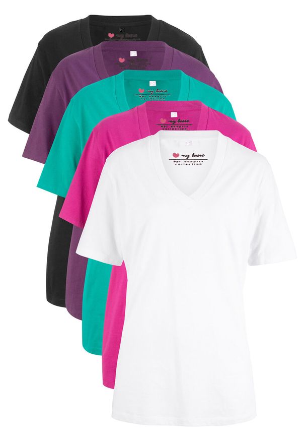 Długi shirt z dekoltem w szpic (5 sztuk), krótki rękaw bonprix szmaragdowy + jagodowy + fuksja + biały + czarny. Kolor: zielony. Długość rękawa: krótki rękaw. Długość: krótkie