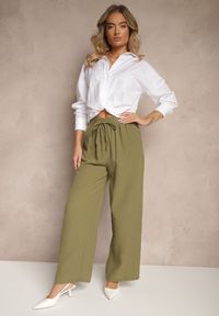 Renee - Zielone Szerokie Spodnie Palazzo High Waist z Ozdobnym Wiązaniem Arandiel. Okazja: na co dzień. Stan: podwyższony. Kolor: zielony. Materiał: jedwab. Styl: wizytowy, casual, street #3