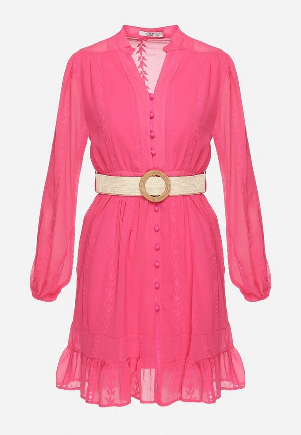 Born2be - Fuksjowa Sukienka Nesilwyn. Kolor: różowy. Materiał: tkanina. Wzór: haft. Styl: boho. Długość: mini