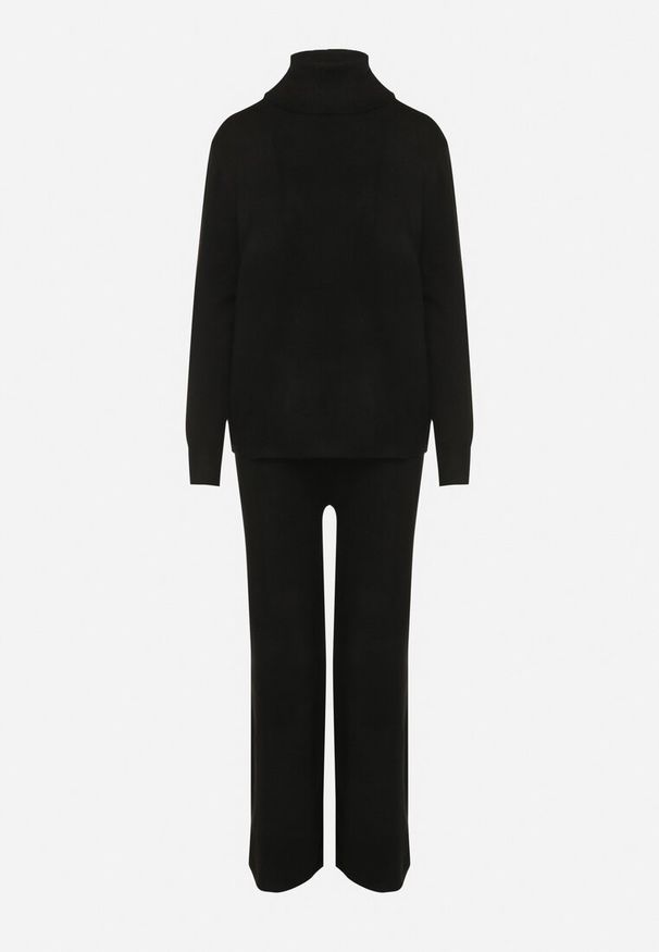 Born2be - Czarny Dzianinowy Komplet z Wełną i Bawełną Spodnie i Sweter z Golfem Errele. Kolor: czarny. Materiał: dzianina, wełna, bawełna