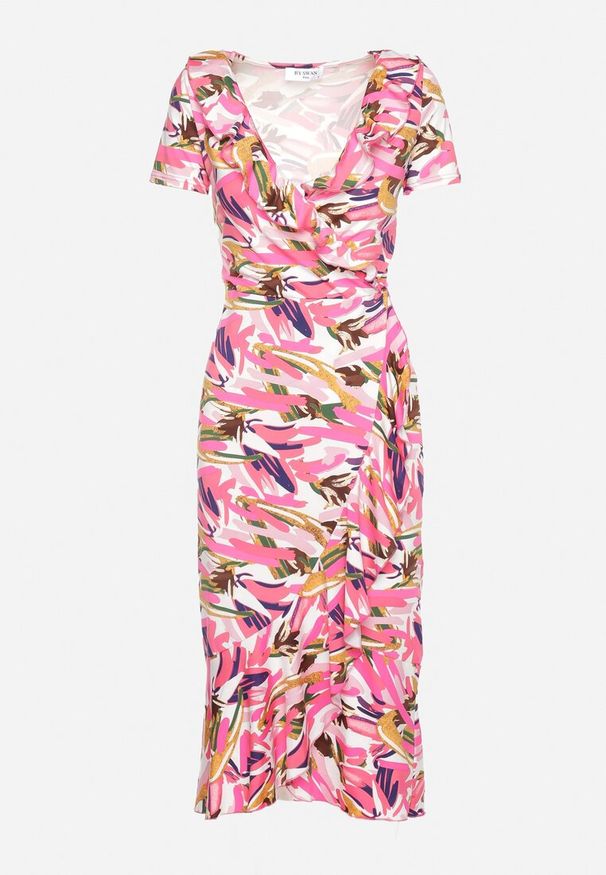 Born2be - Różowo-Biała Sukienka Kopertowa z Falbanką Malva. Kolor: różowy. Typ sukienki: kopertowe