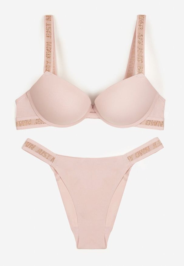 Born2be - Różowy Komplet Biustonosz Push-Up i Wycięte Majtki Figi Ozdobione Napisami Bralara. Kolor: różowy. Materiał: materiał. Wzór: aplikacja, napisy