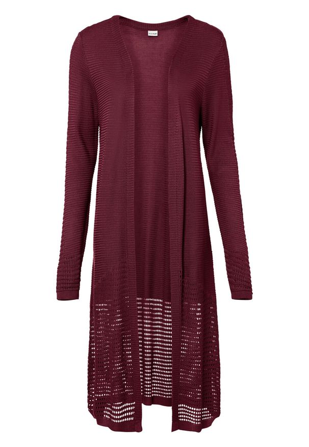 Długi sweter bez zapięcia z przyjaznej dla środowiska wiskozy w ażurowy wzór bonprix czerwony rubinowy. Kolor: czerwony. Materiał: wiskoza. Długość: długie. Wzór: ażurowy