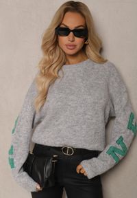 Renee - Szary Sweter z Wełną i Geometrycznym Zdobieniem na Rękawach Zivita. Okazja: na co dzień. Kolor: szary. Materiał: wełna. Wzór: aplikacja, geometria. Styl: klasyczny, elegancki, casual #4