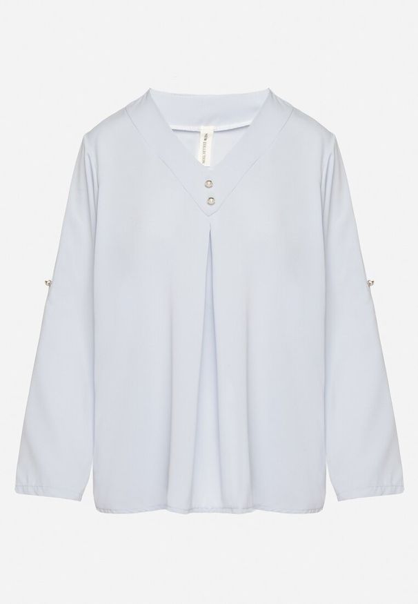 Born2be - Jasnoniebieska Bluzka o Trapezowym Kroju z Dekoltem w Serek i Podpinanymi Rękawami Aslimi. Typ kołnierza: dekolt w serek. Kolor: niebieski. Materiał: jeans, materiał. Styl: elegancki, klasyczny