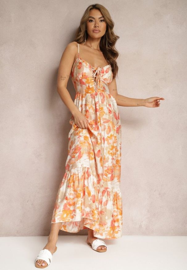 Renee - Pomarańczowa Sukienka o Rozkloszowanym Fasonie w Kwiaty z Bawełny i Wiskozy Ozdobiona Wiązaniem na Dekolcie Nasima. Okazja: na imprezę. Kolor: pomarańczowy. Materiał: bawełna, wiskoza. Wzór: aplikacja, kwiaty. Sezon: lato. Typ sukienki: rozkloszowane