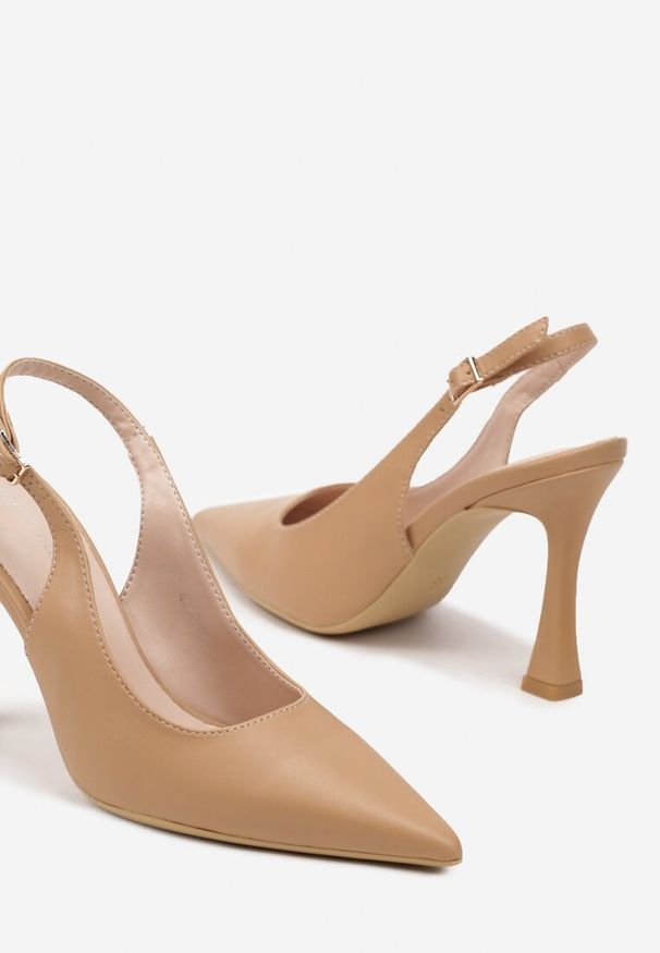 Renee - Brązowe Sandały na Obcasie Typu Slingback Dolandra. Okazja: na imprezę. Nosek buta: szpiczasty. Kolor: beżowy. Sezon: lato. Obcas: na obcasie. Styl: elegancki. Wysokość obcasa: średni