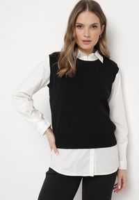 Born2be - Czarna Kamizelka z Prążkowanej Dzianiny z Klasyczną Koszulą Verisande. Okazja: na co dzień. Kolor: czarny. Materiał: prążkowany, dzianina. Styl: klasyczny #1