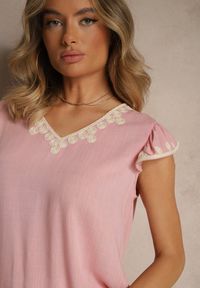 Renee - Różowa Bluzka z Bawełny Ozdobiona Haftem Savoreia. Okazja: na co dzień. Kolor: różowy. Materiał: bawełna. Wzór: aplikacja, haft. Styl: elegancki, casual #5