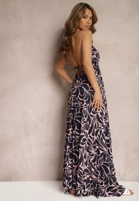 Renee - Czarno-Różowa Rozkloszowana Sukienka Wiązana na Plecach z Wiskozy Wiasara. Kolor: czarny. Materiał: wiskoza