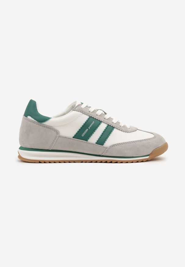 Renee - Biało-Szare Sneakersy ze Skórzaną Wkładką i Ozdobnymi Paskami Nasnella. Okazja: na co dzień. Zapięcie: pasek. Kolor: biały. Materiał: skóra. Wzór: aplikacja