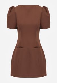 Born2be - Brązowa Elegancka Sukienka o Kroju Bombki Ozdobiona Imitacją Kieszeni Ialane. Okazja: na randkę, na spotkanie biznesowe, do pracy. Kolor: brązowy. Wzór: aplikacja. Typ sukienki: bombki. Styl: elegancki #6
