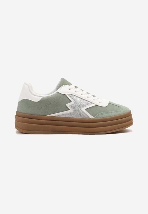 Renee - Jasnozielone Sneakersy w Stylu Tenisówek Ozdobione Geometrycznym Wzorem Tolivanna. Okazja: na co dzień. Zapięcie: sznurówki. Kolor: zielony. Materiał: jeans. Wzór: geometria, aplikacja