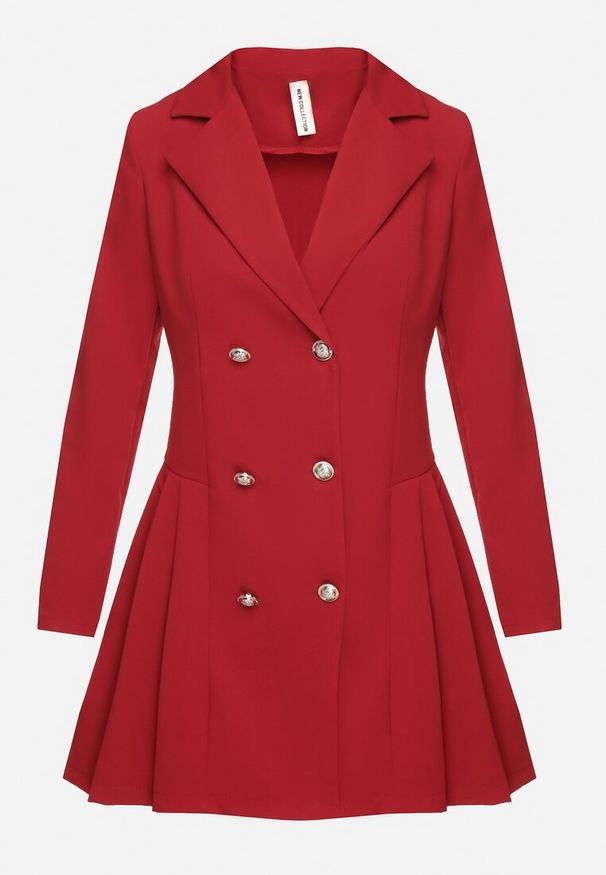 Born2be - Bordowa Plisowana Sukienka Marynarka o Rozkloszowanym Kroju z Ozdobnymi Guzikami Zoriea. Okazja: na co dzień. Kolor: czerwony. Długość rękawa: długi rękaw. Styl: klasyczny, casual, elegancki